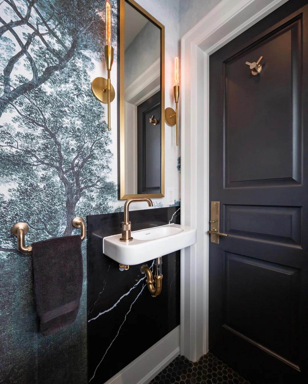 Bath - black door tree wallpaper bathroom