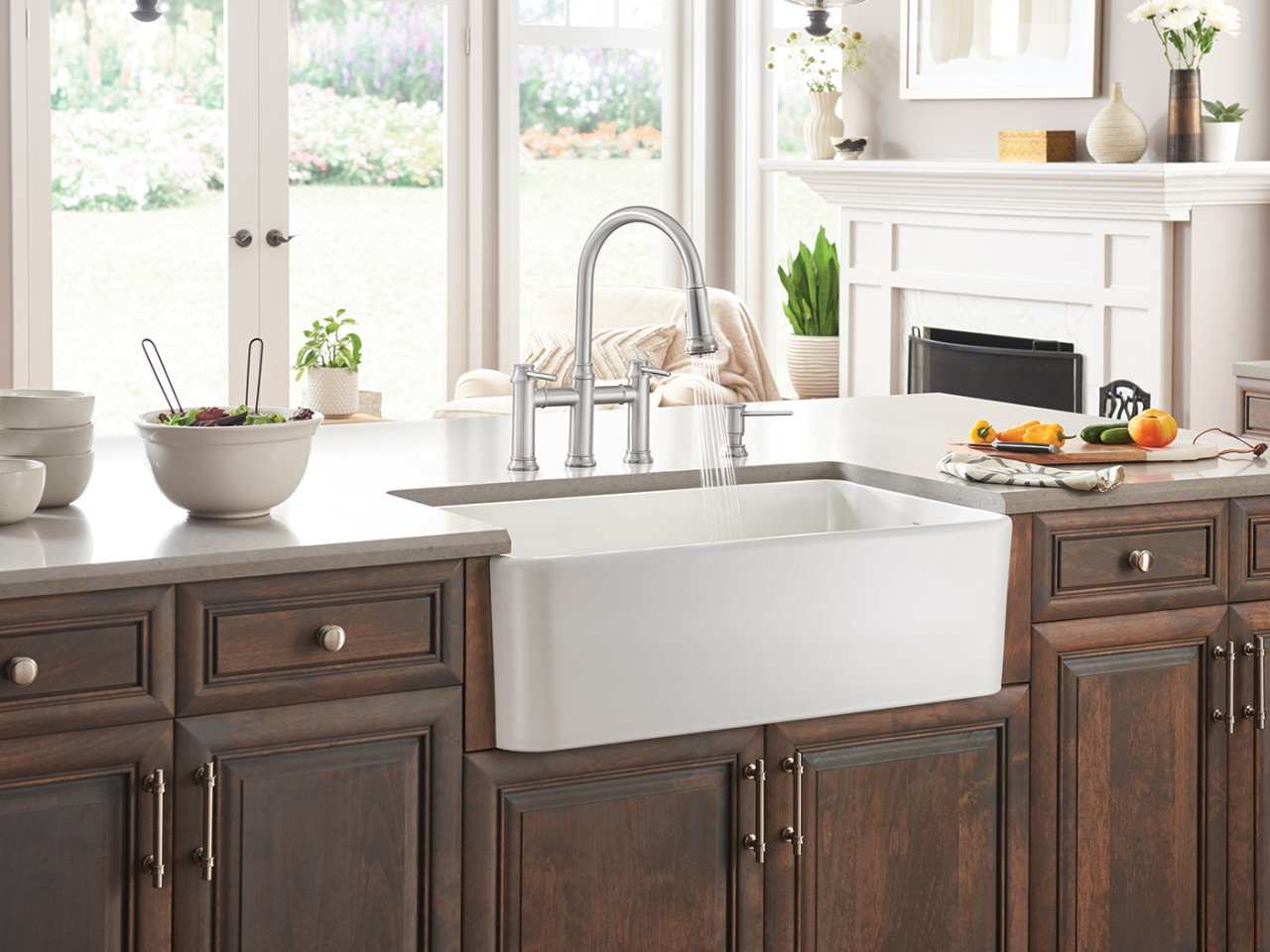 brown cabinets with farm sink