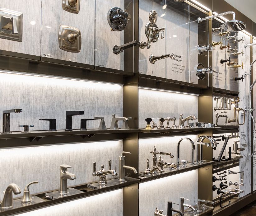 faucet options at premier plumbing showroom image