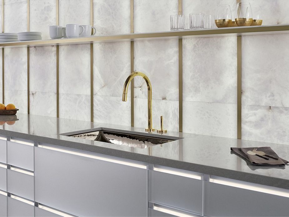 grey kitchen with gold sink picture