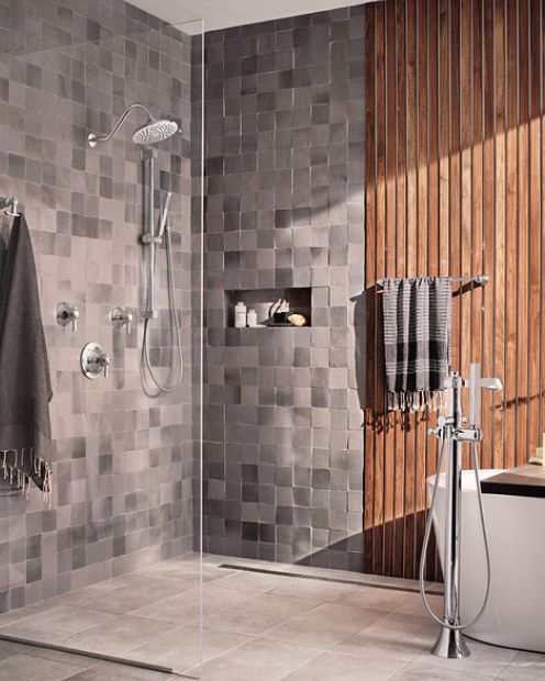 shower with wooden panels