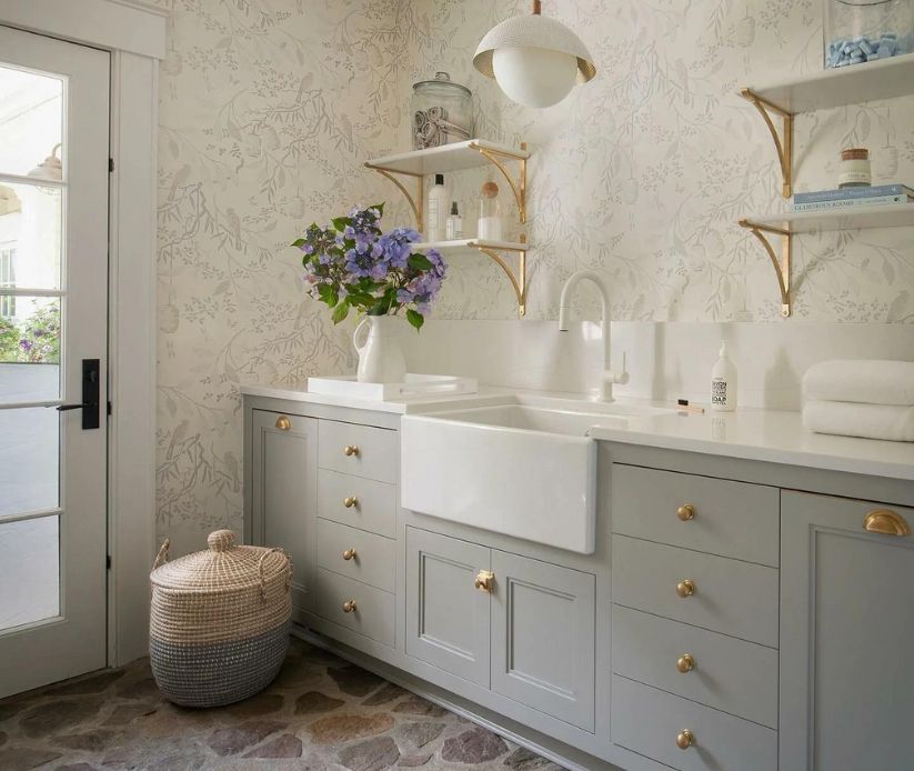 white farmhouse sink and faucet vanity image