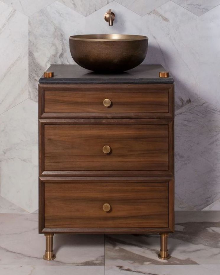 wood and bronze bathroom sink and vanity image